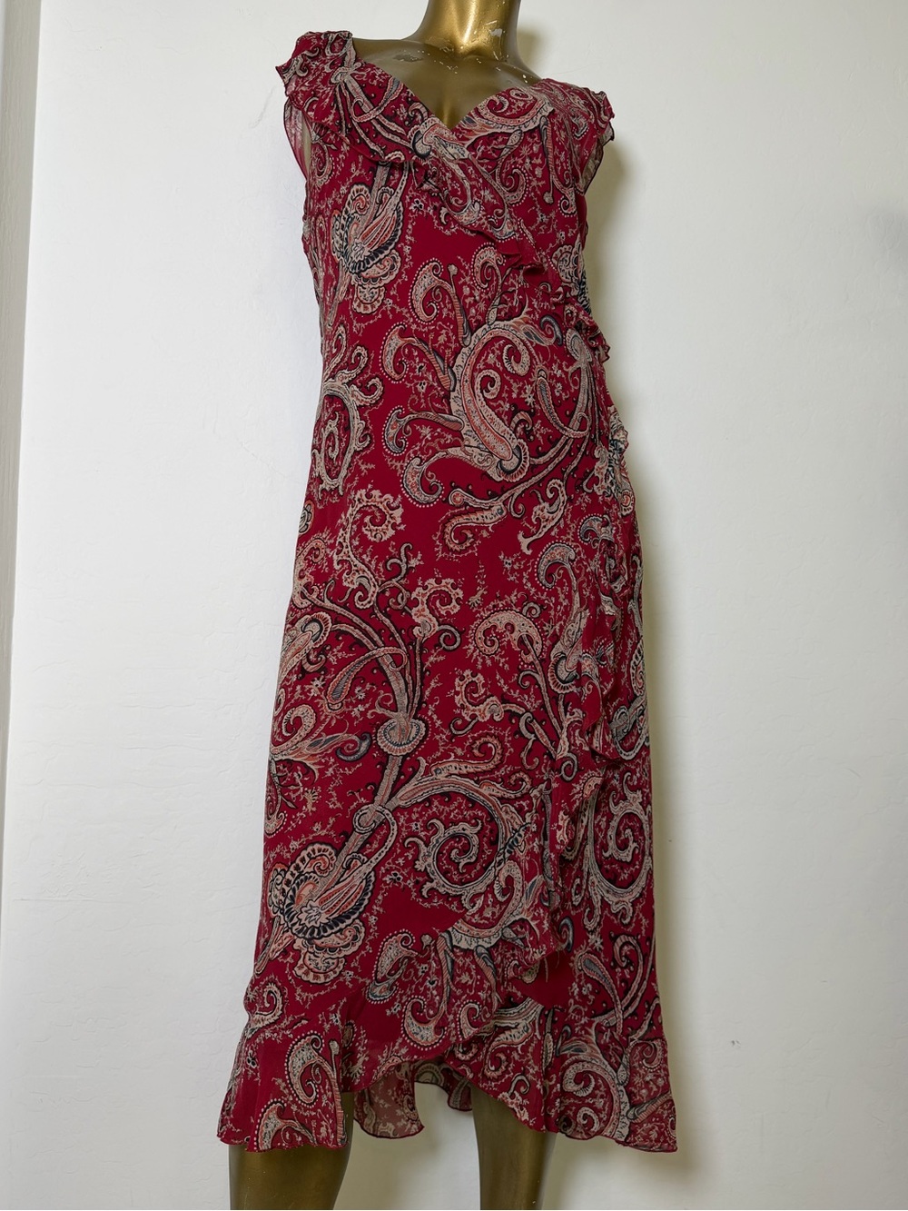 Y2K Vintage The Limited Silk Red Paisley Ruffle Sleeveless Midi Dress Size 14